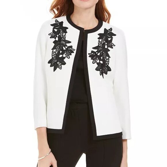 Kasper Women's Embroidered Black & Cream Flyaway Jacket, Size 14W - Picture 1 of 9